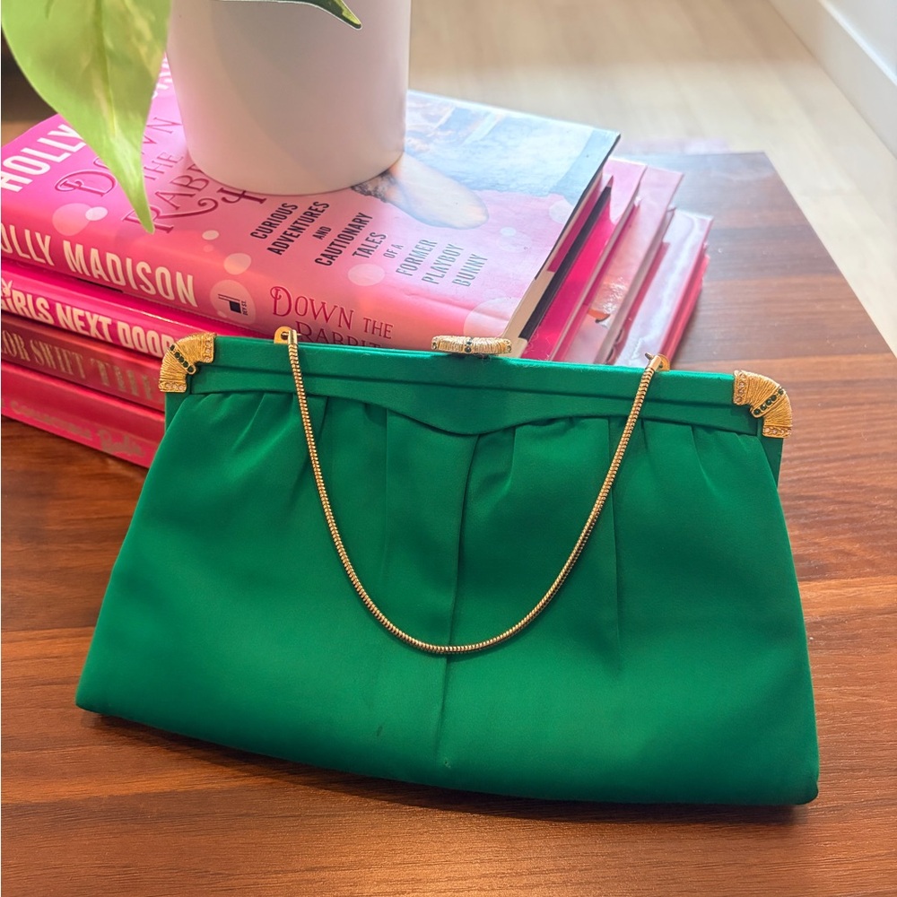 Vintage Kelly Green Satin Clutch with Gold Chain and Rhinestone Details